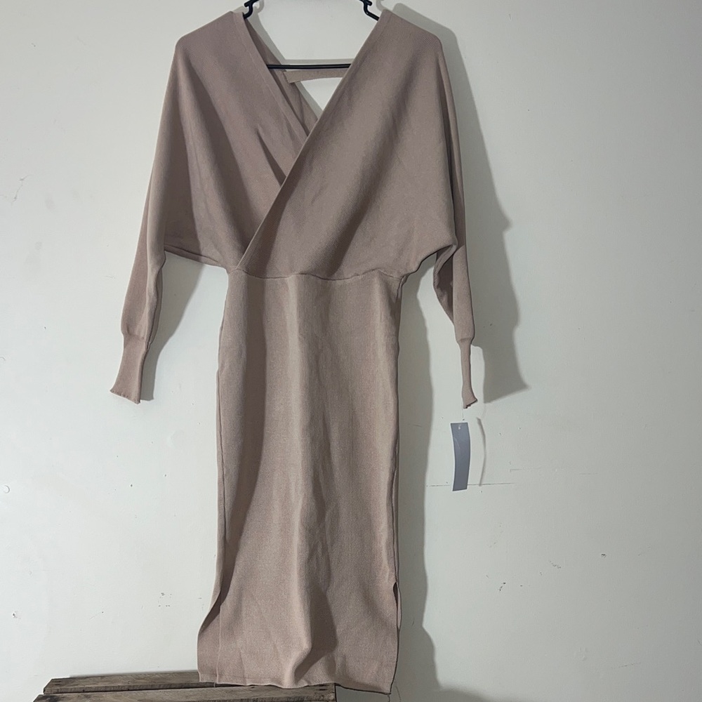 Goodnight Macaroon Beige Neutral NWT Knit Long Sleeve Wrap Dress S-M